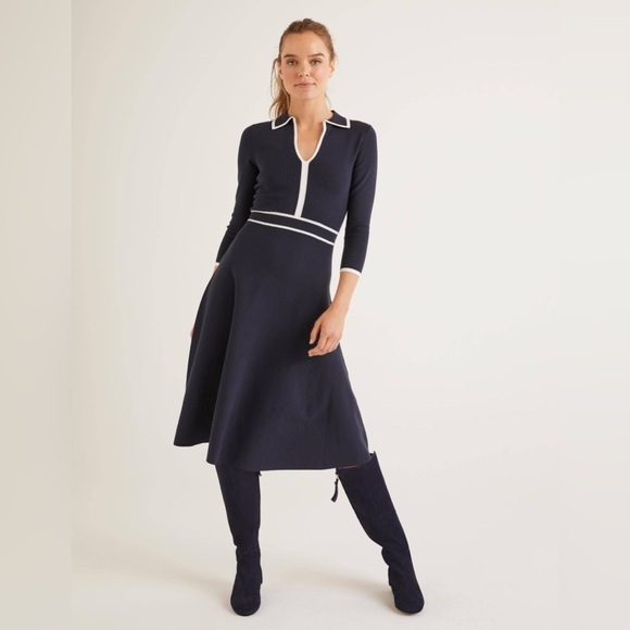 NWT Boden Posie Knit Navy White V Neck Collared 3/4 Sleeve Dress - Picture 1 of 10